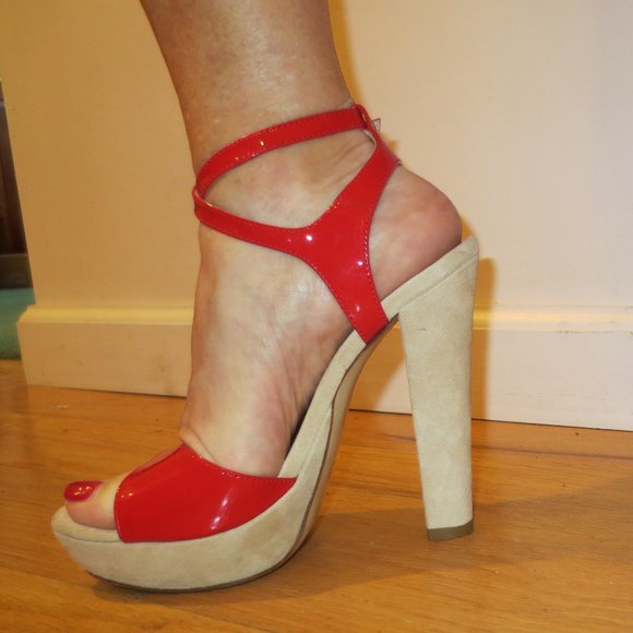 LAST CHANCE NIB CHON Red Leather Patent & Cream Suede SEXY Platform Sandals - Picture 6 of 10